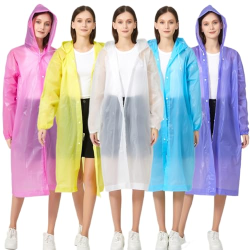 RUISHYY Colorful 5 Pack Reusable EVA Rain Ponchos for Adults Lightweight Waterproof Raincoat with Hood