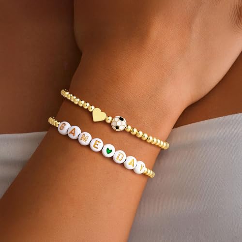 Gold Heart Soccer Beaded Bracelet for Women - Sports Jewelry Gift