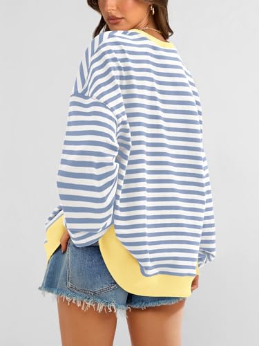 Striped Oversized Sweatshirt - Lightweight Fall Pullover Top - Small Blue Beige