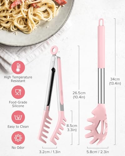 DaiRen Pink Silicone Spaghetti Spoon & Pasta Tong with Teeth, 10"/13"
