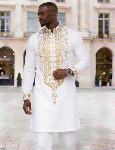 White Men's African Dashiki 2-Piece Set - Gold Stamp Traditional Outfit XL