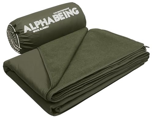 AlphaBeing Olive Waterproof Merino Wool Outdoor Blanket, 79 x 59 in, Extra Thick & Windproof