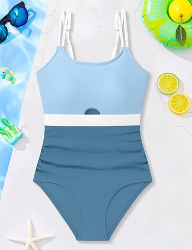 Girls One Piece Swimsuit - Cut Out Floral Print, Adjustable Straps, Blue, 13-14 Years