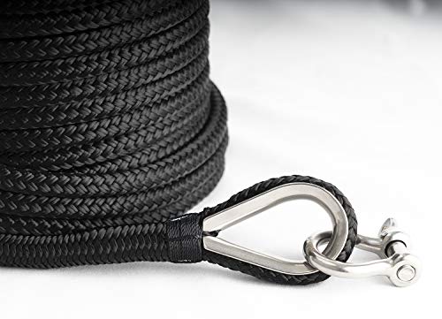 Young Marine 3/8 Inch x 150Ft Black Nylon Double Braided Anchor Line with Stainless Steel Thimble