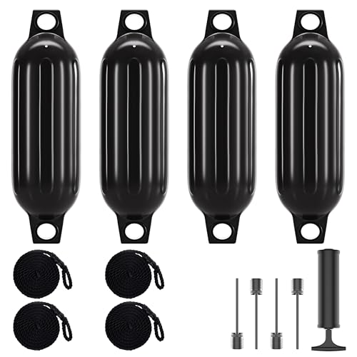 SOTISI 4-Pack Inflatable Boat Fenders 4.5–8.5 in Ribbed, Twin-Eye with 4 Ropes & Pump