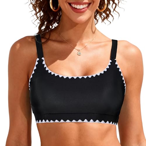 American Trends Sports Bikini Top for Women - Wirefree Swim Bra, Black Trim, Small