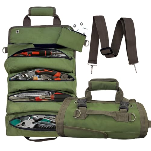 Roll Up Tool Bag Organizer, 11 Pockets Heavy Duty Storage Tool Bag Pouch Organization Portable Foldable Detachable Gifts for Men, Mechanic, Electrician, Craftsman, with 2 Small Pouches, Green (Green)