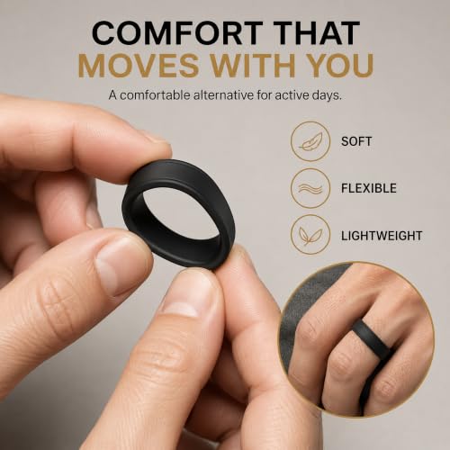 Silicone Wedding Ring - Step Edge Comfort Fit Rubber Band - Black, Style 9