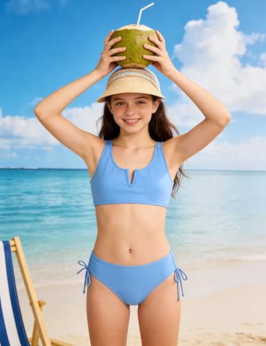 Girls 2-Piece V-Neck Cutout Swimsuit - High Waisted Bathing Suit - Blue 7-8Y