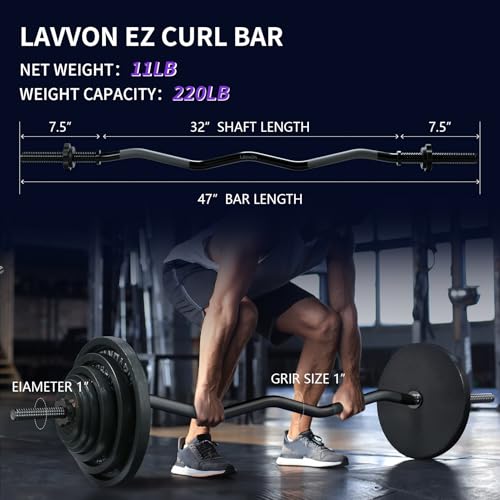 LAVVON 47-Inch Black EZ Curl Barbell for Weightlifting, 25mm Diameter