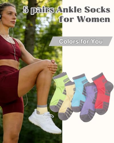 Quarter Hiking Socks for Women - Ankle Compression Socks, 5 Pairs - Blue, Red, Purple, Green, Pale Yellow