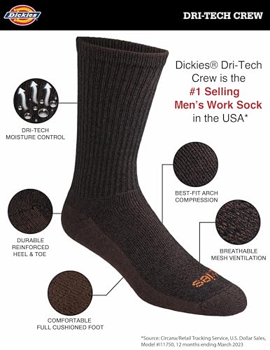 Dickies Dri-Tech Essential Moisture Control Crew Socks (M-XXL, 6 Pairs) – Char Assorted