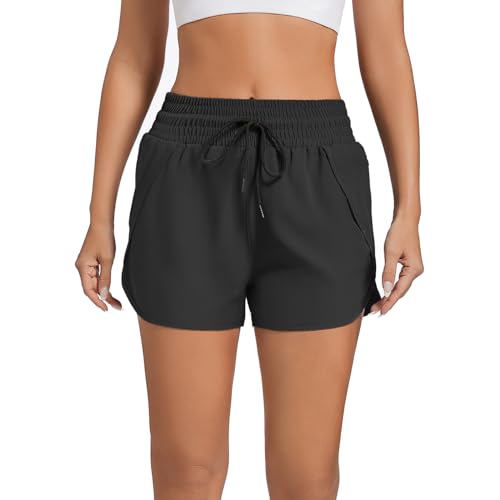 High Waisted Running Shorts for Women - Quick Dry, Liner, Zipper Pocket - Small, Black
