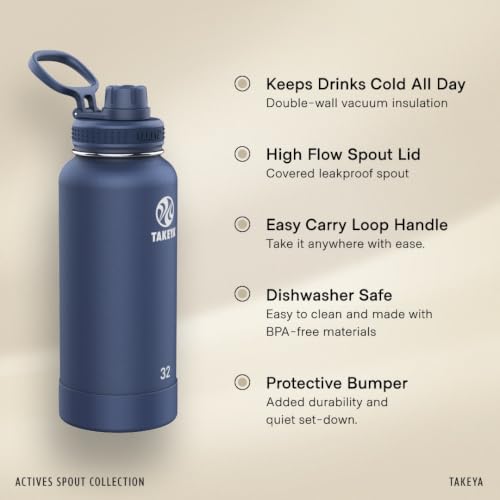Takeya Actives 40 oz Arctic Stainless Steel Insulated Water Bottle with Leakproof Spout Lid