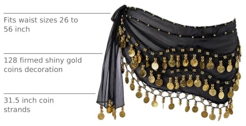 Belly Dance Hip Scarf with 128 Gold Coins - Black
