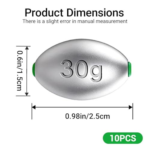30g Egg Lead Fishing Weights - Oval Shape, 10pcs Assorted Sizes