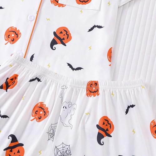 Halloween Pajamas Set for Women - Ghost & Pumpkin Print - White, Medium