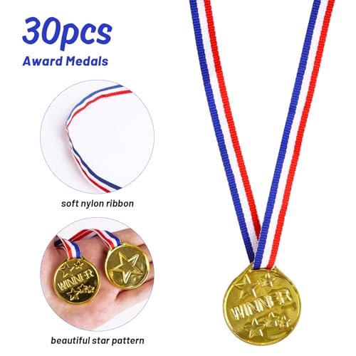 30 Pack Gold Winner Award Medals with Ribbon for Kids