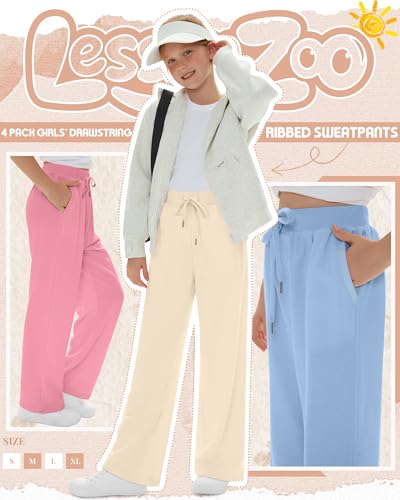 Girls' Wide Leg Sweatpants with Pockets - 4 Pack, Apricot Beige, Grapefruit, Sky Blue, Black, Large | Kids Activewear