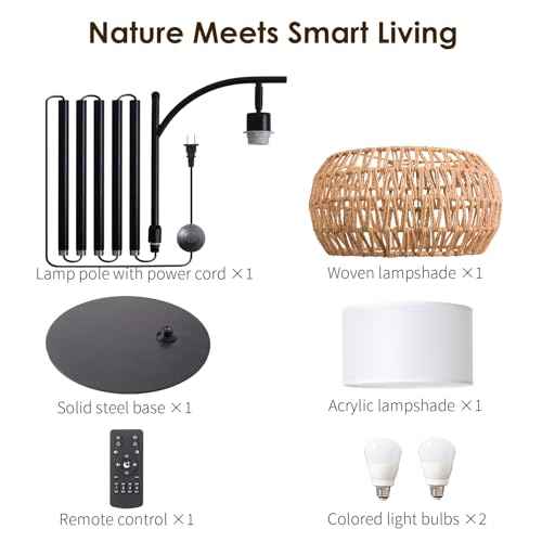 DRAWNCAT Boho Rattan Floor Lamp with Shade - 12W Bright LED Bulb, Adjustable Height 48-60 Inch, Remote Control 3 Color Temperatures,Farmhouse Handwoven Arc Standing Light for Living Room Bedroom