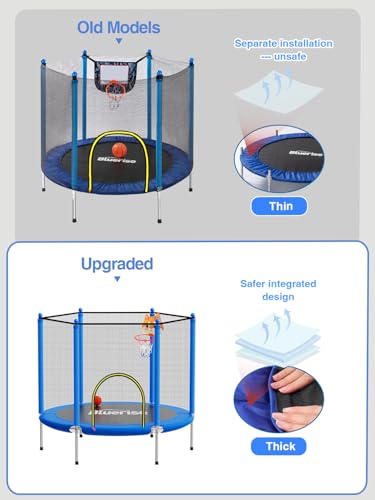 55IN Kids Trampoline with Enclosure, Basketball Hoop & Swing - Blue