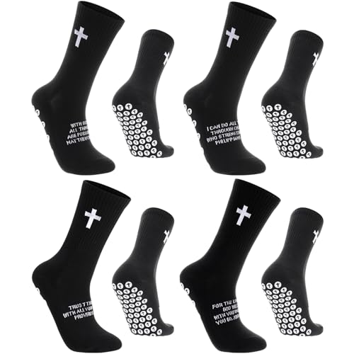 Cross Grip Soccer Socks with Bible Verse - Black, 4 Pairs, Size 6-13