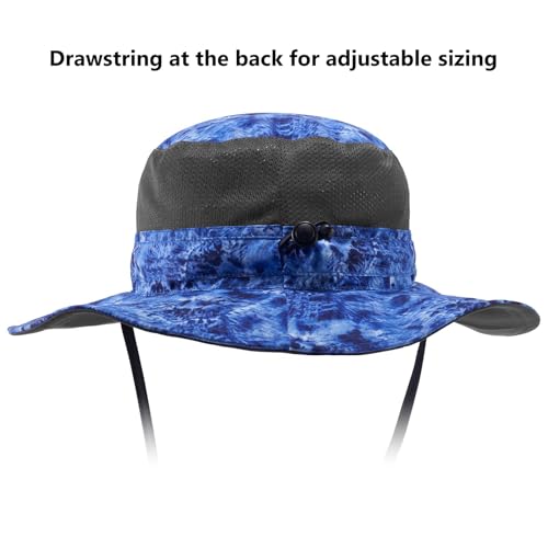 BASSDASH UPF 50+ Water-Resistant Wide Brim Bucket Hat for Fishing, Hiking & Camping - Blue Camo, Large