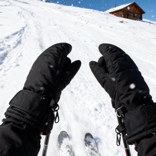 Winter Ski Mittens - Warm Snow Mitts for Cold Weather - Black, One Size