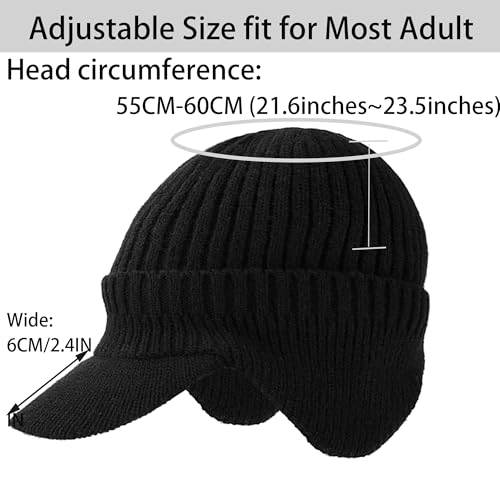 Warm Beanie Hat with Earflap and Visor - One Size, Black