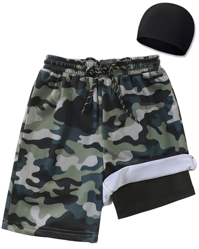 Kids' Camo Swim Trunks with Compression Liner 10-12 Years Boys Swimwear