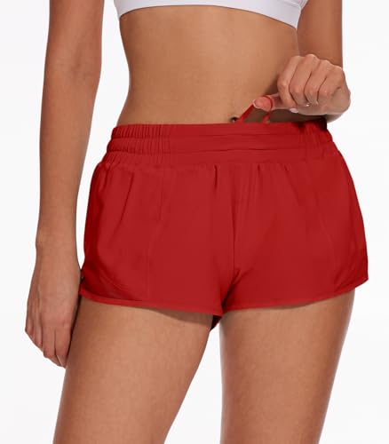 Women's Athletic Running Shorts with Zipper Pocket - Red / Medium - Lightweight Gym Workout with Mesh Liner, Quick Dry