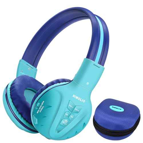 SIMOLIO Kids Bluetooth Headphones with Microphone, Wireless Childrens Headphones with Safe Volume, Foldable Adjustable Headband, Over-Ear Headsets for Boys Girls Toddler Tablet Travel Airplane Blue