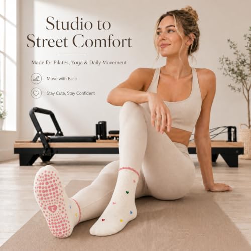 Grip Pilates Socks for Women - US Size 5-9, Heart Design