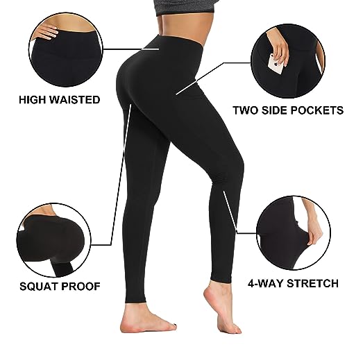 High Waist Yoga Pants with Pockets - Tummy Control Leggings - Black 25-inch