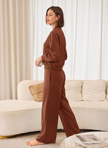 Yanekop 2-Piece Womens Sweatsuit Set - Coffee Large Fall Airport Travel Outfit
