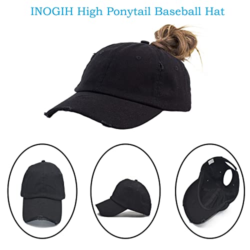 Distressed Ponytail Baseball Cap - Adjustable Cotton Hat - Black
