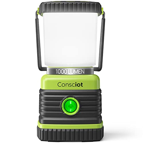 Consciot 1000LM Battery Powered LED Camping Lantern - 4 Light Modes, Dimmable, Water-Resistant, Pack of 1, Light Green