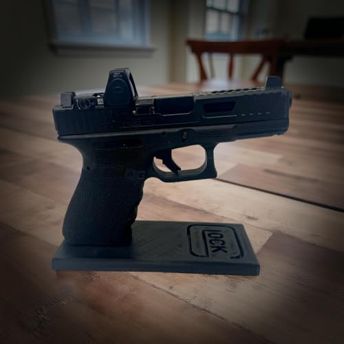 USA Made Black Pistol Display Stand with Embossed Logo - Black Letters