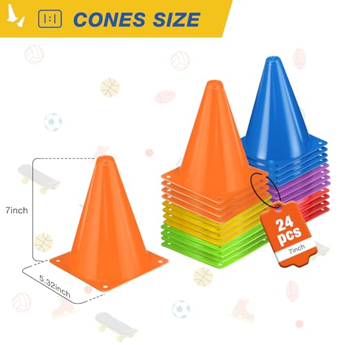 7 Inch Soccer Cones - 24 Pack Durable Agility Training Cones in Various Colors