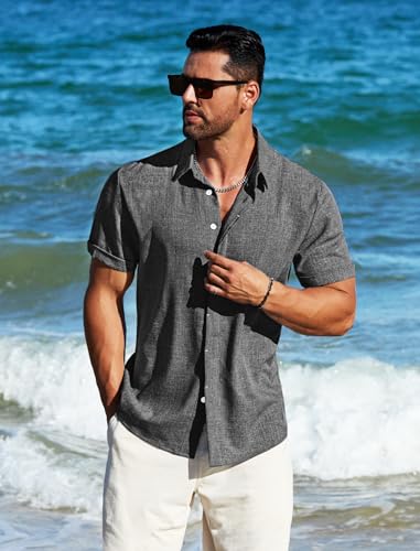 MAPICK Men's Linen Short Sleeve Shirt - Casual Untucked Fit, Dark Grey, Large