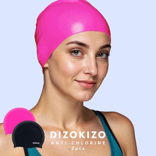 Dizokizo 2-Pack Silicone Swim Caps for Women & Men - Non-Slip Waterproof Hair Hats, Long & Short Hair, Rose Red & Black