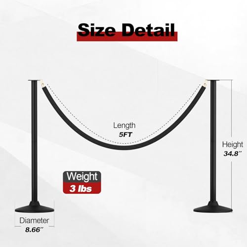 RoadHero Plastic Stanchion Post, Black Velvet Ropes and Poles with Weighted Base, Ropes Safety Barriers for Crowd Control, Party and Movie Theater, 2 PCS