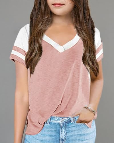 Kids Color Block V Neck Short Sleeve T-Shirt - 7-8 Years Pink
