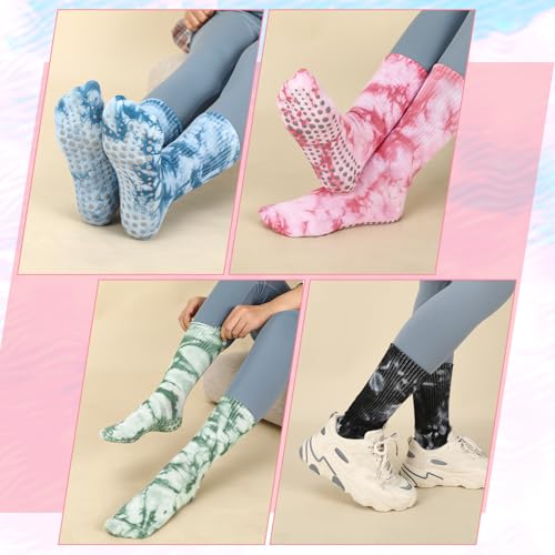 Non-Slip Grippy Pilates Socks for Women - 4 Pairs, One Size, Black+Blue+Pink+Orange