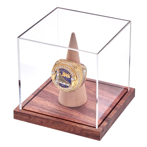 LiTY Acrylic Championship Ring Display Case - No Assembly, Wooden Stand, UV Protection, 1 Pack