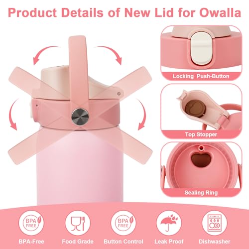 Pink Lid Replacement for Owala Freesip 16oz-40oz Bottles, Leak-Proof Cover with Straw