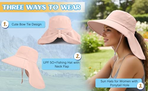 Ruqizhi Beige Sun Hat for Women with Neck Flap & Ponytail Hole UPF 50+ Rollable UV Protection - Size 1