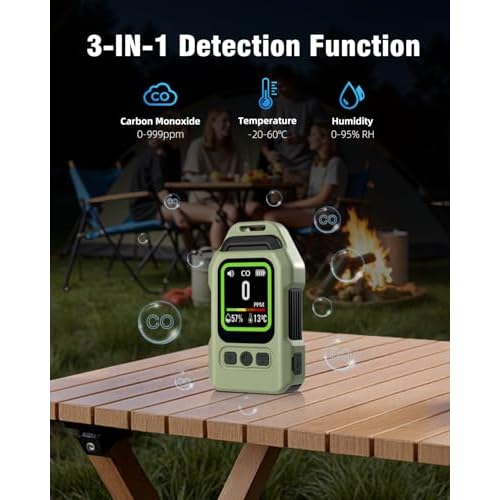 3-in-1 Portable Carbon Monoxide Detector.Visual Alarm for Camping,Travel,RV.More Than 300H Standby Equipped with a Flashlight, Magnetic Back and Hook.Featuring CO, Temperature and Humidity Sensors