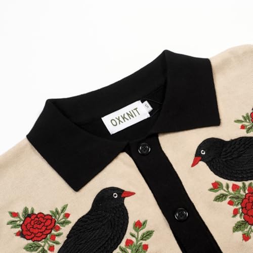 OXKNIT Men's Black Knit Polo Shirt XL Vintage Embroidered Bird & Flower Pattern
