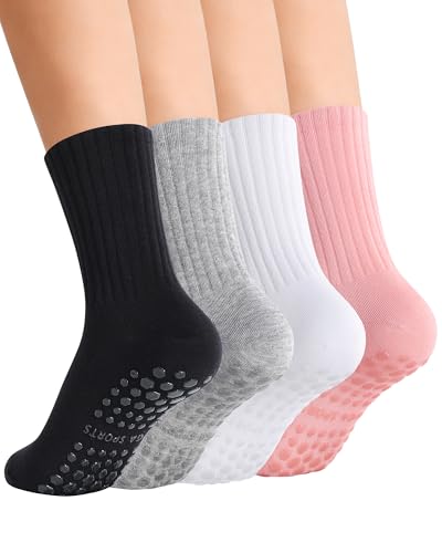Non-Slip Pilates Socks for Women - 4 Pack in Black, Gray, Pink, White